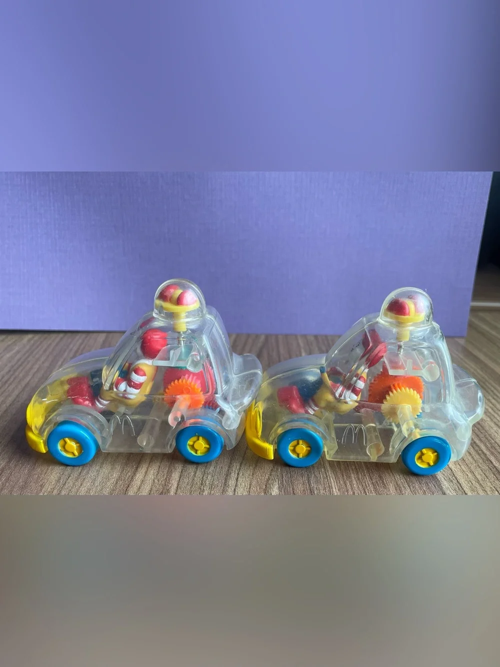 Vintage 1996 McDonald's Ronald McDonald Clear See-Thru Gear Cars Lot of 2